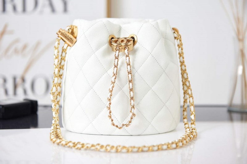 Chanel AS2859 Bucket Bag Shoulder Bag Shiny Grained Calfskin White