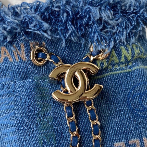 Chanel AP2603 Mini Bucket Bag with Chain Printed Denim Gold Blue - Image 2