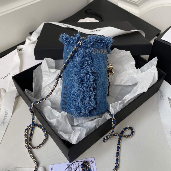 Chanel AP2603 Mini Bucket Bag with Chain Printed Denim Gold Blue - Image 3