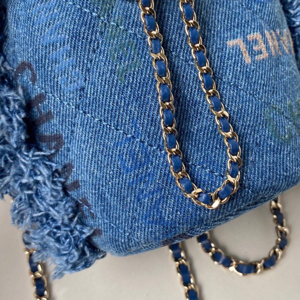 Chanel AP2603 Mini Bucket Bag with Chain Printed Denim Gold Blue - Image 4