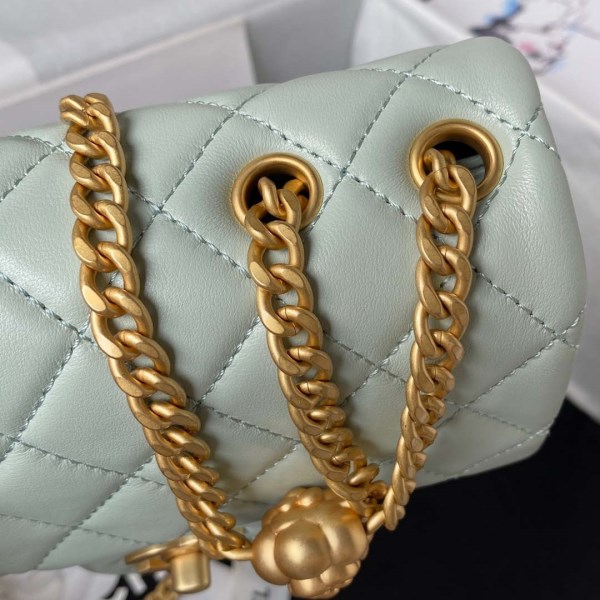 Chanel AS4040 Mini Flap Classic Bag 18 Woc Camellia Lambskin Green Gray - Image 5