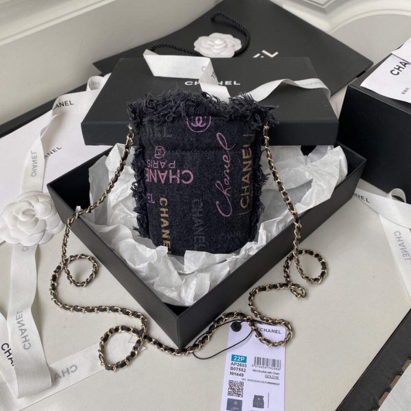 Chanel AP2603 Mini Bucket Bag with Chain Printed Denim Gold Black