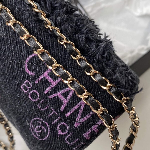 Chanel AP2603 Mini Bucket Bag with Chain Printed Denim Gold Black - Image 4