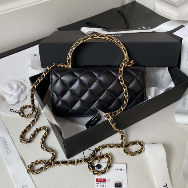Chanel AP3385 Woc Flap Phone Holder With Chain Lambskin Black Gold