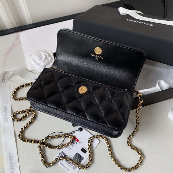 Chanel AP3385 Woc Flap Phone Holder With Chain Lambskin Black Gold - Image 5