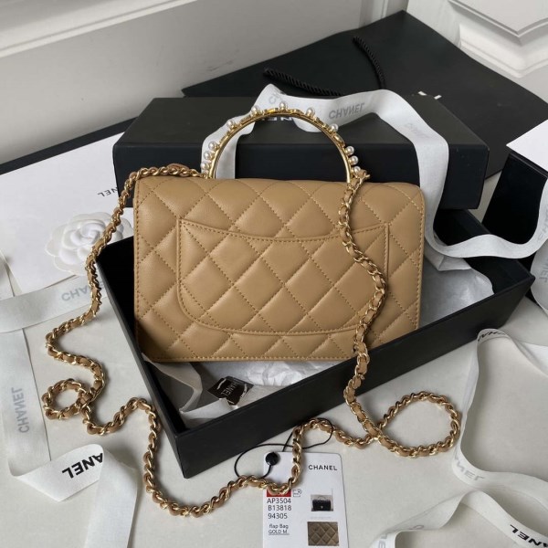 Chanel AP3504 Woc Wallet On Chain lambskin Imitation Pearls Strass & Gold Apricot