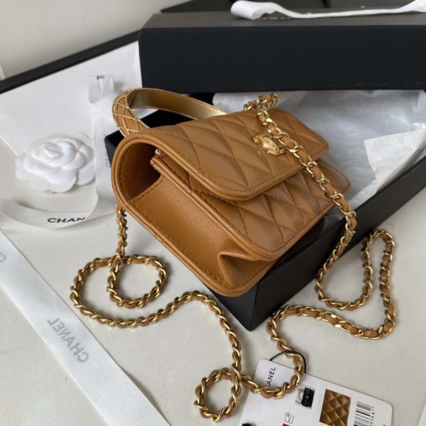Chanel AP3385 Woc Flap Phone Holder With Chain Lambskin Caramel Gold - Image 4